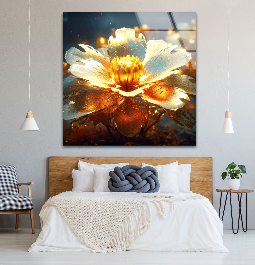 Golden Bloom Glass Wall Art – Luminous Abstract Flower Print