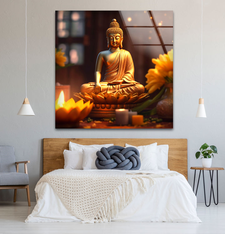 Golden Buddha Serenity Wall Art – Peaceful Candlelit Meditation Glass Print