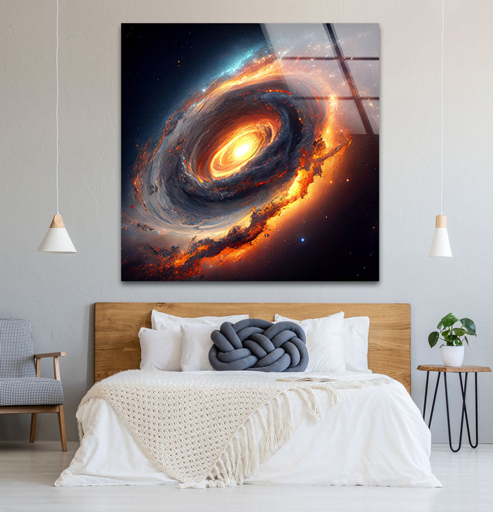 Feurige Galaxie-Spiralwandkunst – Glasdruck mit Weltraumnebel 