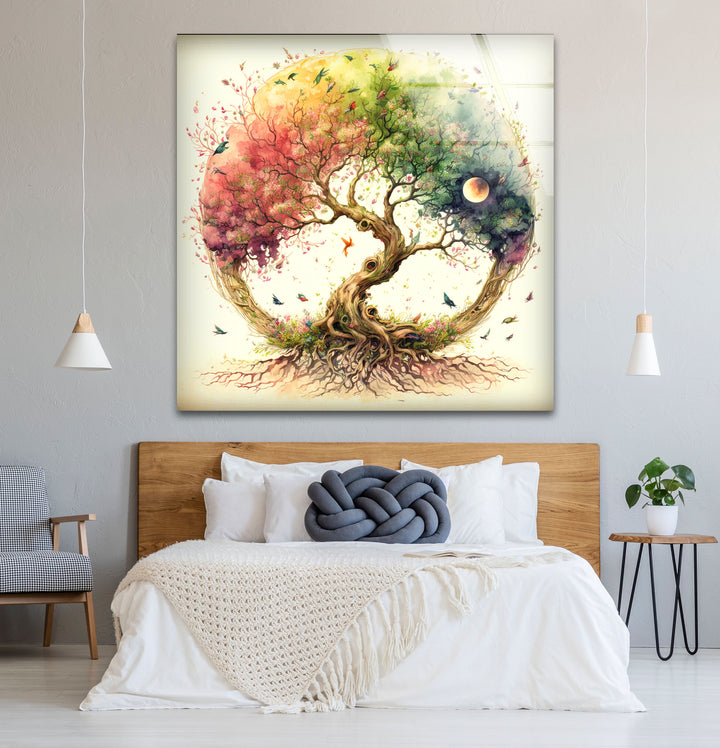 Regenbogen-Baum des Lebens Wandkunst – Wunderliches Aquarell-Glasdruck-Design