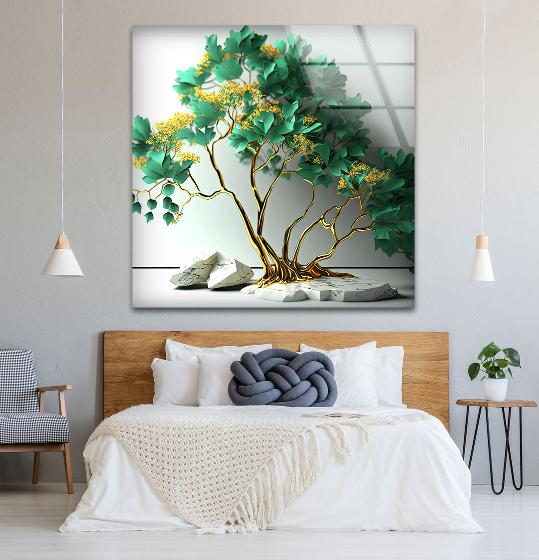 Elegante grüne Baum-Wandkunst – Goldener botanischer Glasdruck mit Marmorsockel