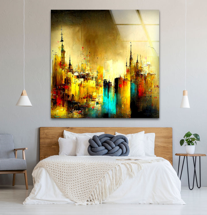 Abstract Cityscape Wall Art – Golden and Teal Urban Glass Print Design