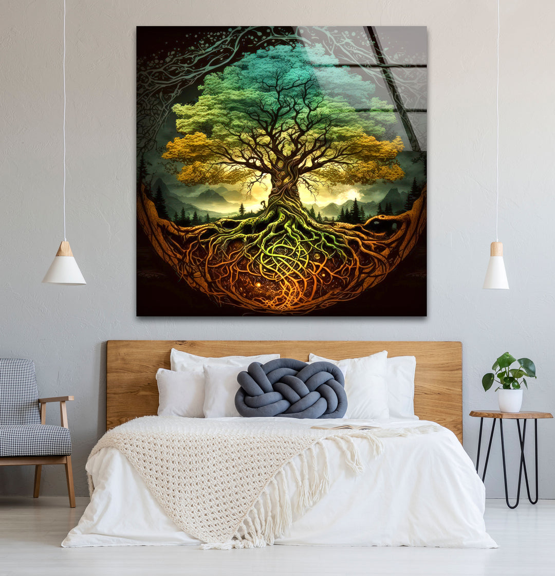 Wandkunst „Baum des Lebens“ – Lebendige Wurzeln und Waldenergie-Glasdruckdesign
