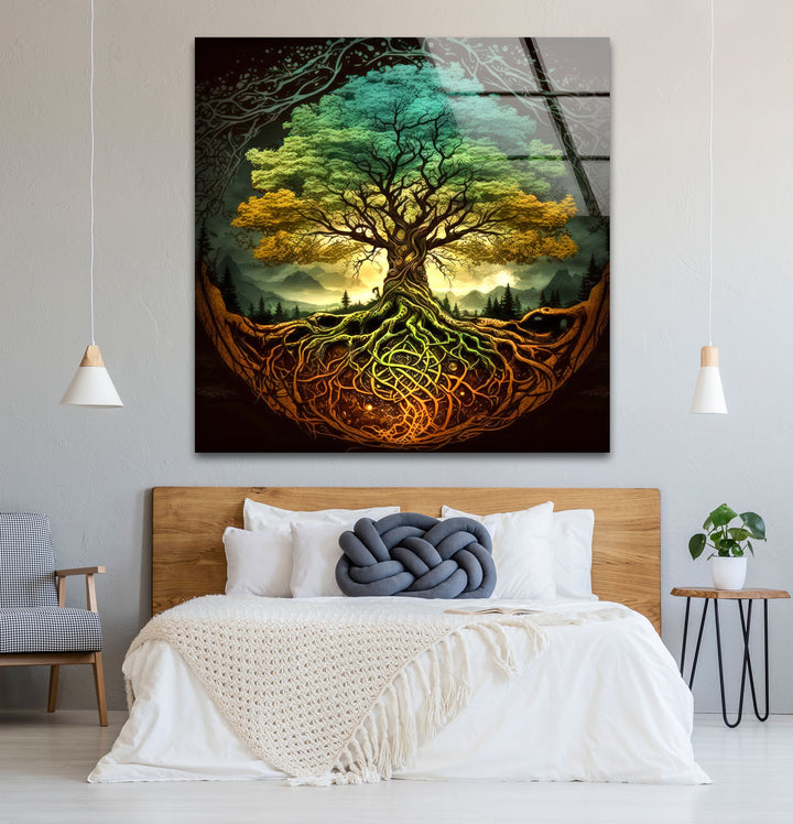Wandkunst „Baum des Lebens“ – Lebendige Wurzeln und Waldenergie-Glasdruckdesign