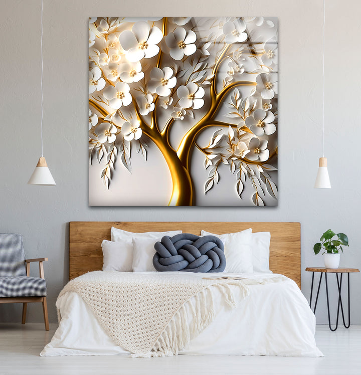 Golden Blossom Tree Wandkunst – Weißes Blumenglaskunstwerk für elegantes Dekor