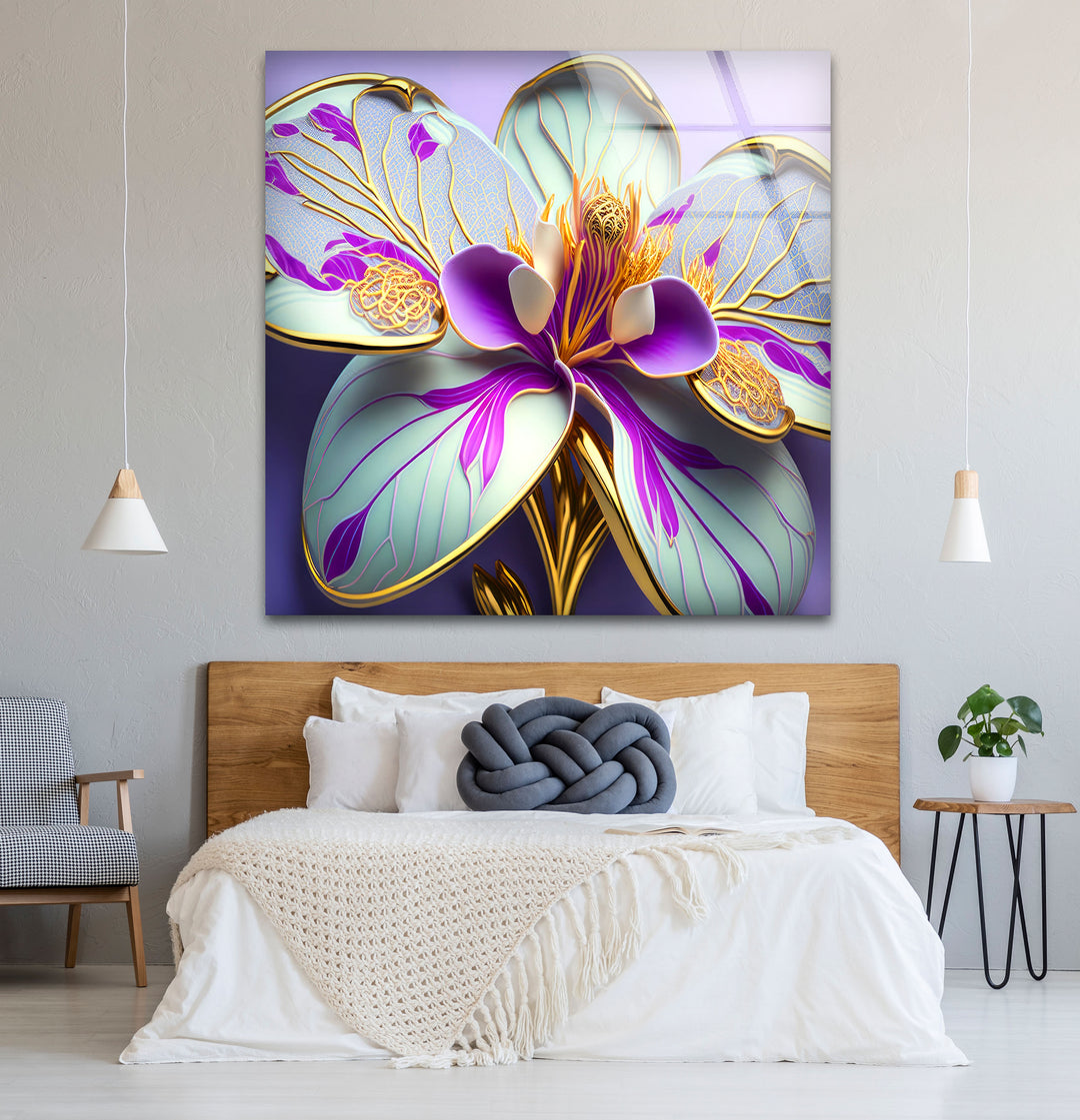 Luxuriöse Wandkunst mit Orchideenblüte – Lila- und Goldblumen-Glasdruck