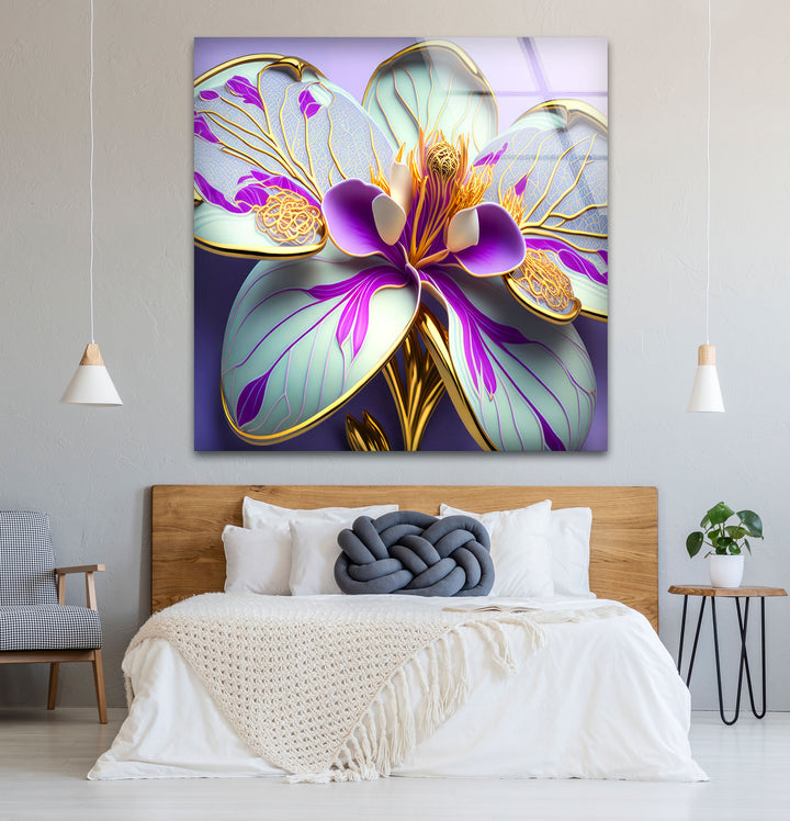 Luxuriöse Wandkunst mit Orchideenblüte – Lila- und Goldblumen-Glasdruck