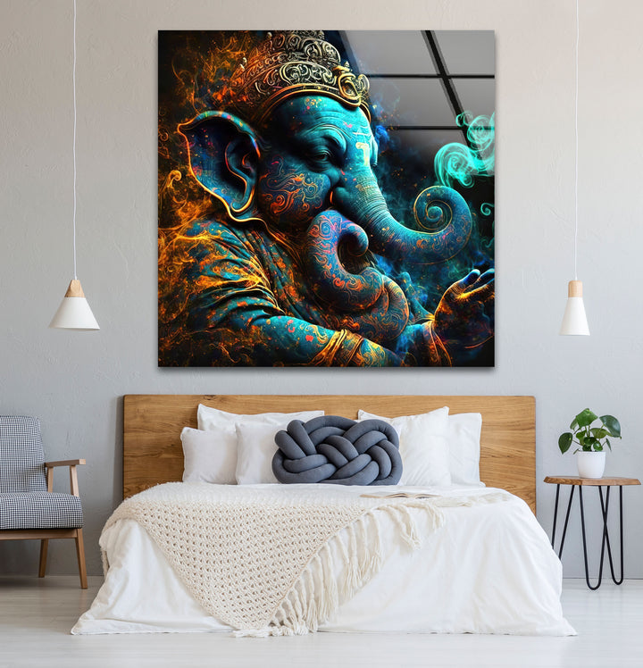 Spiritual Ganesha Wall Art – Vibrant Hindu Deity Glass Print Decor