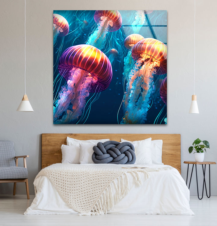 Leuchtende Quallen-Wandkunst – Unterwasser-Ozeanszene-Glasdruck