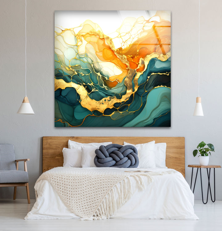 Golden Horizon Abstract Wall Art – Emerald & Gold Tempered Glass Print