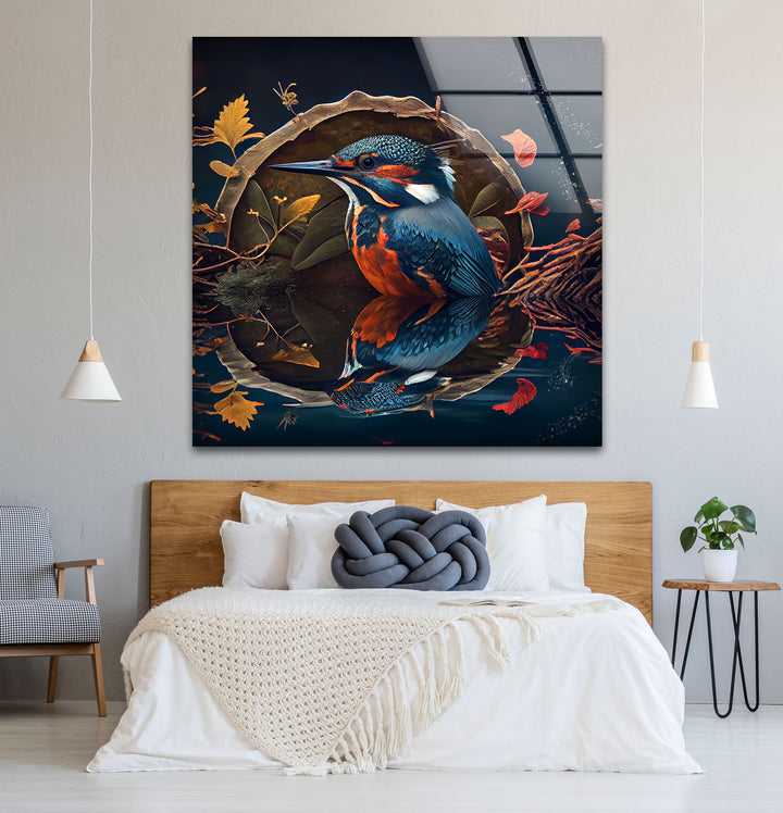 Eisvogel-Reflexion Wandkunst – Herbstwaldvogel-Glasdruck-Design