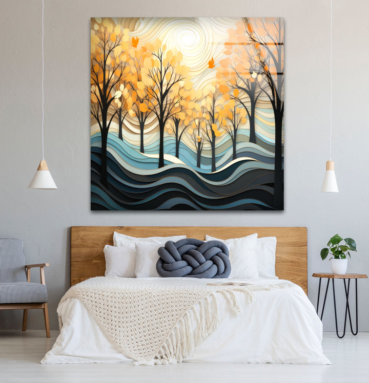 Golden Forest Glass Wall Art – Autumn Trees Abstract Landscape Decor