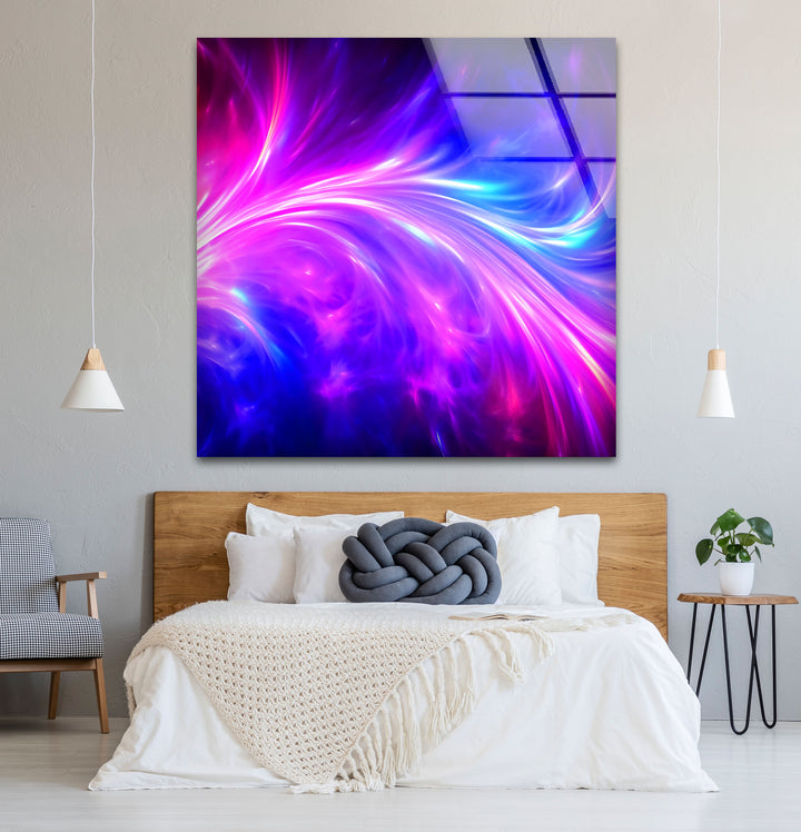 Wandkunst mit kosmischer Energie – Lebendiger abstrakter Glasdruck mit Neonwirbel 