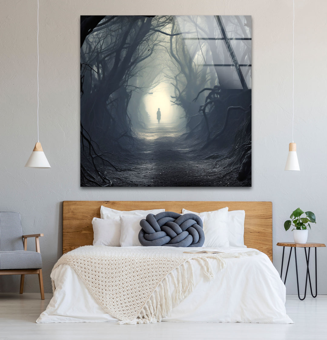Geheimnisvoller Waldweg Wandkunst – Dunkler Fantasy-Glasdruck für die Inneneinrichtung 