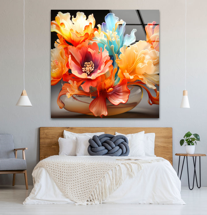 Color Bloom Glaswandkunst – Lebendiger floraler abstrakter Druck 