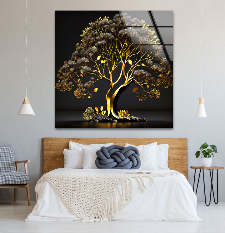 Golden Tree Wandkunst – Luxuriöses Gold- und Schwarz-Natur-Glasdruckdesign