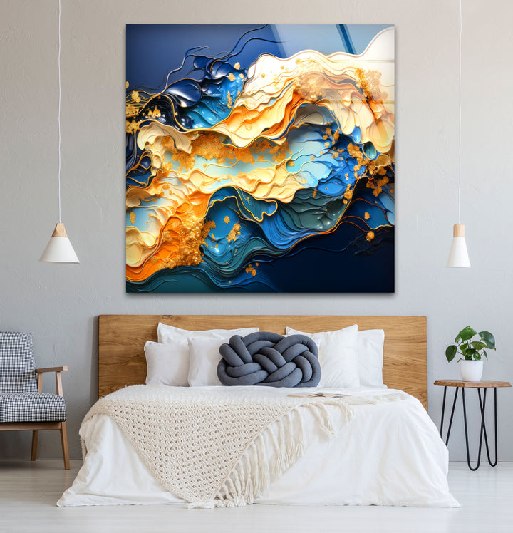 Blue Gold Abstract Wave Wall Art – Modern Fluid Glass Print for Interior Elegance