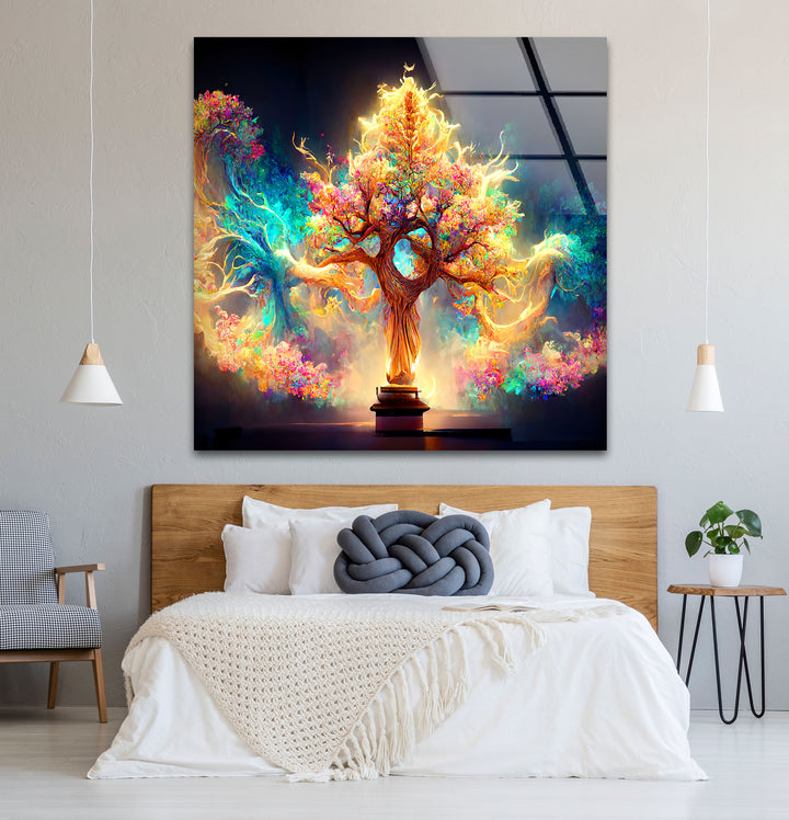 Fantasy-Baum des Lebens Wandkunst – Strahlendes, magisch leuchtendes Glasdruck-Design