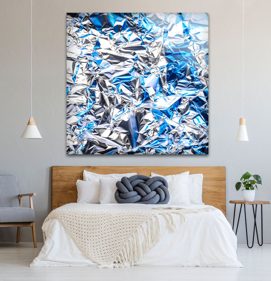 Crinkled Silver Foil Wall Art – Abstract Metallic Texture Glass Print