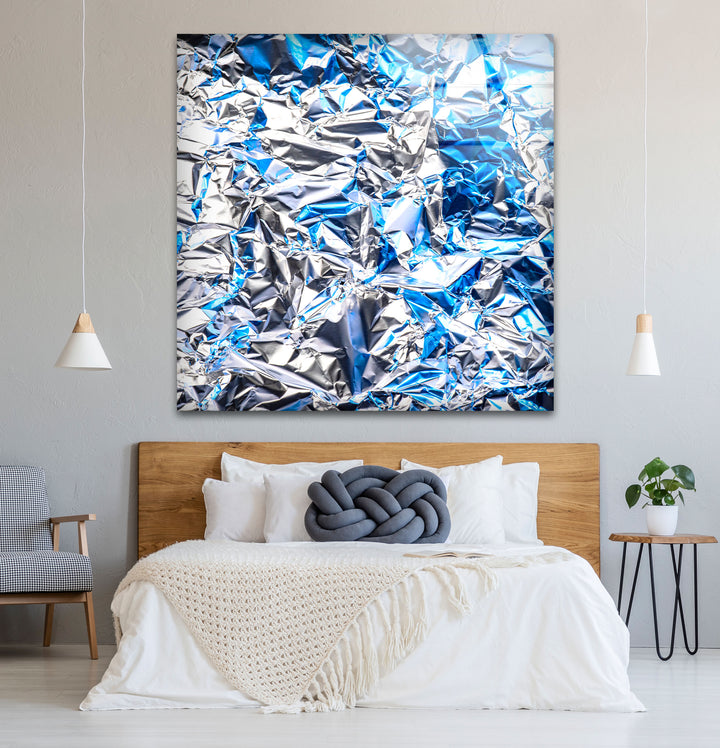 Crinkled Silver Foil Wall Art – Abstract Metallic Texture Glass Print