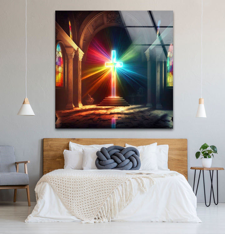 Radiant Cross Wall Art – Colorful Light Burst Christian Glass Print