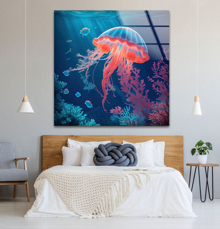 Neon Quallen Wandkunst – Unterwasser Ozean Szene Glas Druck Dekor