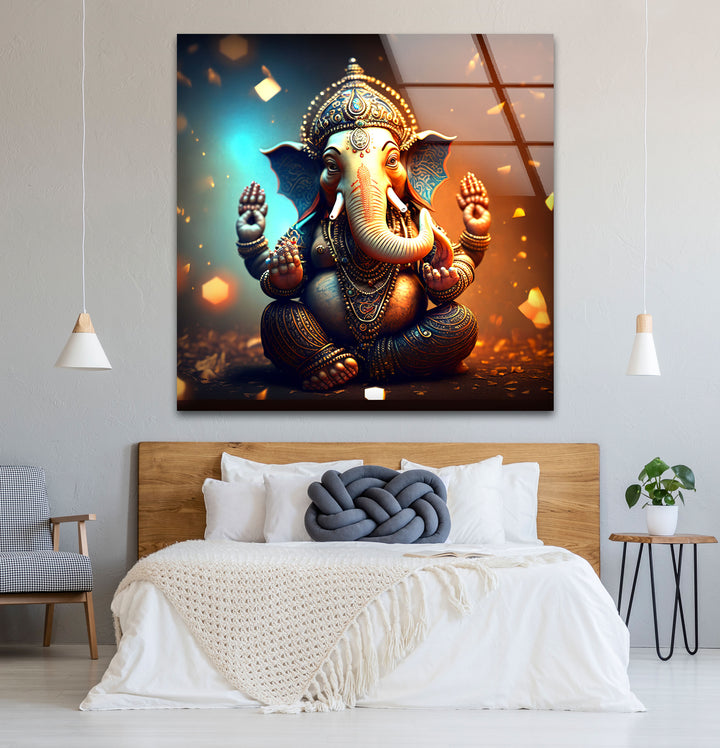 Golden Lord Ganesha Wall Art – Spiritual Glass Print for Sacred Decor