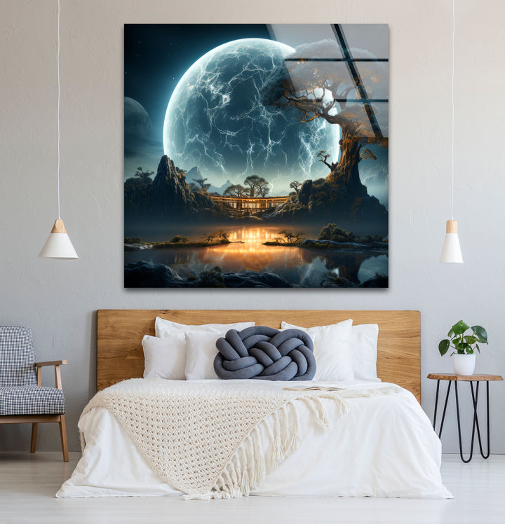 Moonlit Zen Temple Wall Art – Futuristic Landscape Glass Print