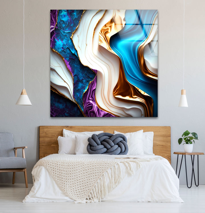 Colorful Marble Abstract Wall Art – Blue, Purple & Gold Glass Print Design