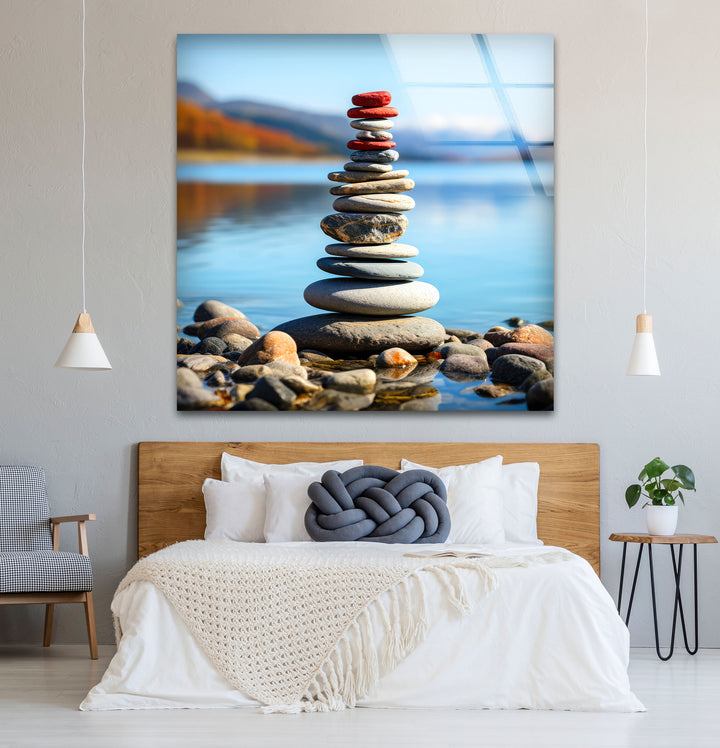 Stacked Stones Glass Wall Art – Tranquil Lake Balance Scene