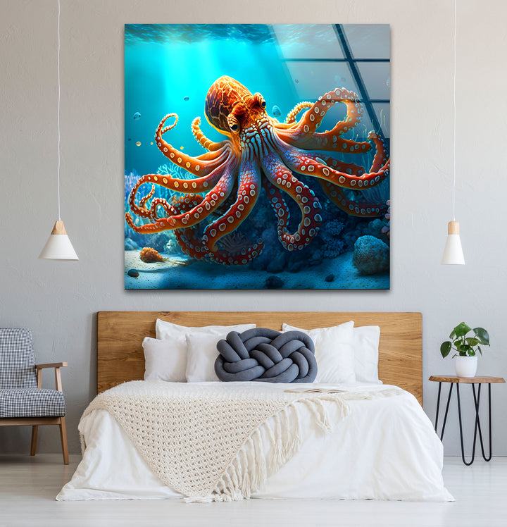 Octopus Underwater Wall Art – Vibrant Coral Reef Ocean Scene Glass Print