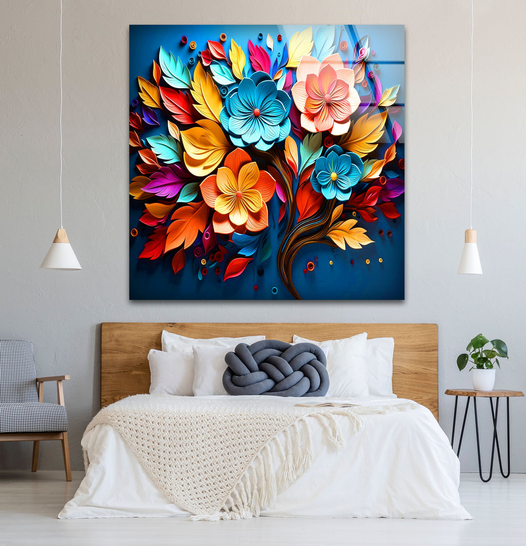 Lebendige florale Explosions-Wandkunst – Buntes Blumendesign aus gehärtetem Glas