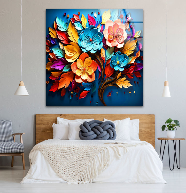 Lebendige florale Explosions-Wandkunst – Buntes Blumendesign aus gehärtetem Glas