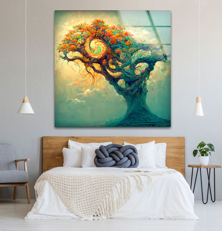 Spiralbaum-Wandkunst – Mystisches Fantasy-Lebensbaum-Glasdruck-Design