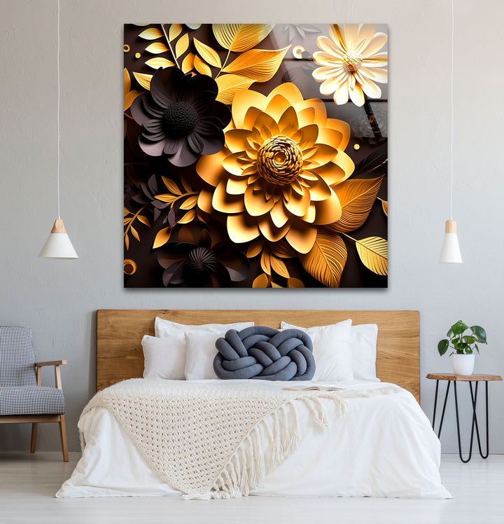 Golden Bloom Florale Wandkunst – Dekor aus gehärtetem Glas in Schwarz und Gold