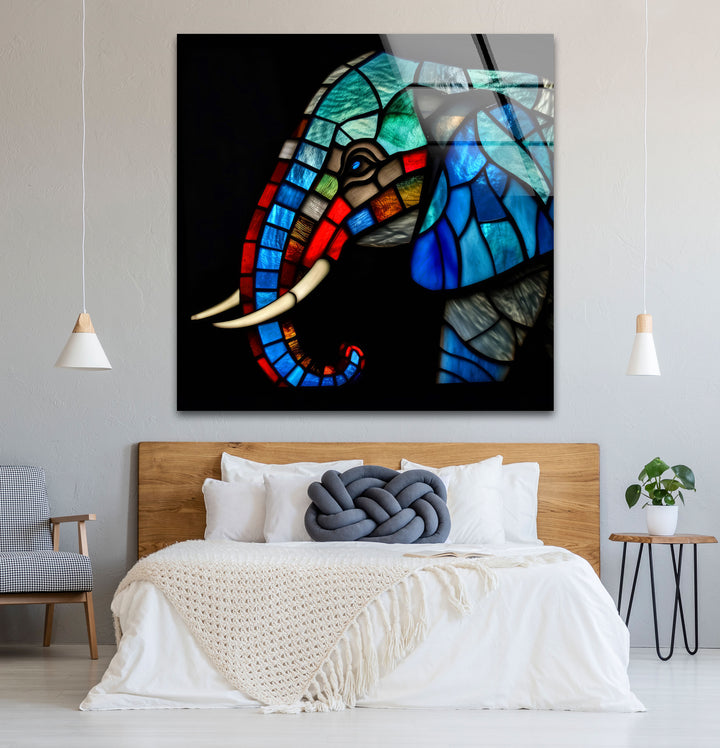 Blaue Elefanten-Wandkunst aus Buntglas – Farbenfrohes Tier-Glasdruck-Design