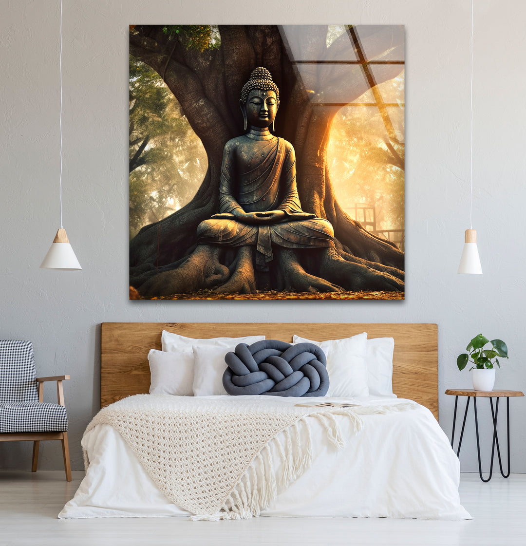Buddha Under Tree Wall Art – Tranquil Sunrise Meditation Glass Print