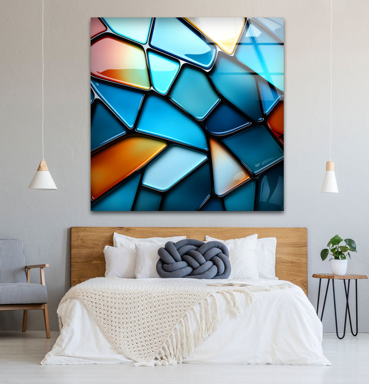 Moderne Wanddekoration aus Buntglas – Abstrakter Musterdruck in Blau und Rot 