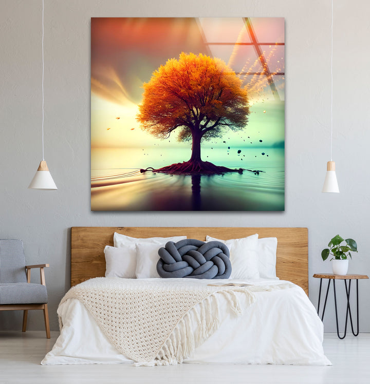 Schwebende Herbstbaum-Wandkunst – Ruhiges Landschafts-Glasdruck-Design