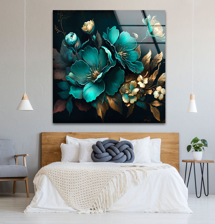 Blaugrüne und goldene florale Wandkunst – Luxuriöses botanisches Glasdruckdesign