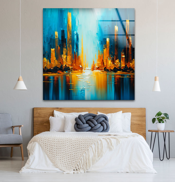 Blue and Gold Abstract City Wall Art – Vibrant Skyline Glass Print