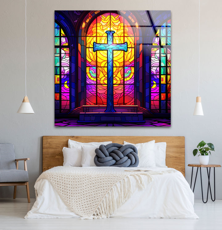 Stained Glass Church Cross Wall Art – Colorful Christian Glass Print Design