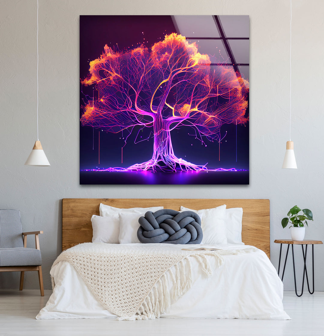 Neon Digital Tree Wandkunst – Futuristischer leuchtender Lichtnetzwerk-Glasdruck