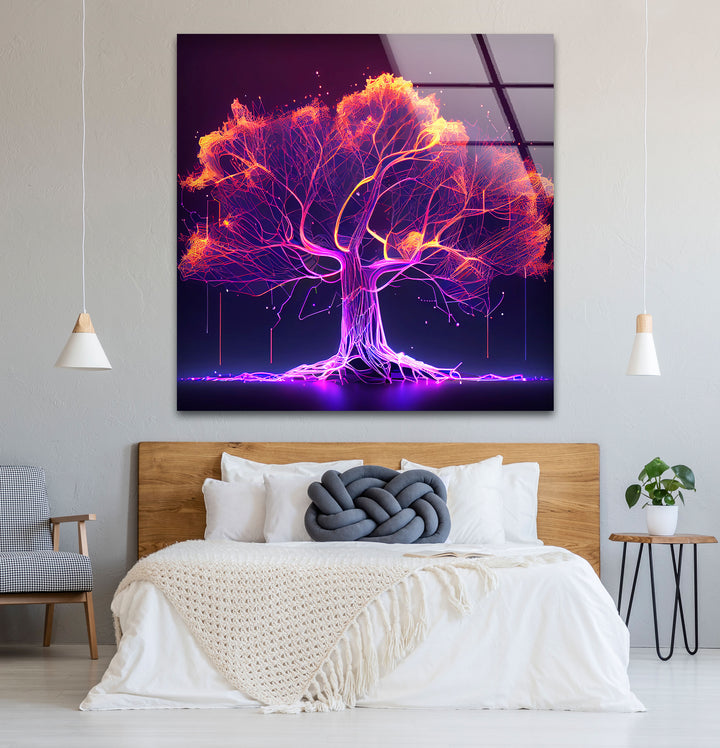 Neon Digital Tree Wandkunst – Futuristischer leuchtender Lichtnetzwerk-Glasdruck