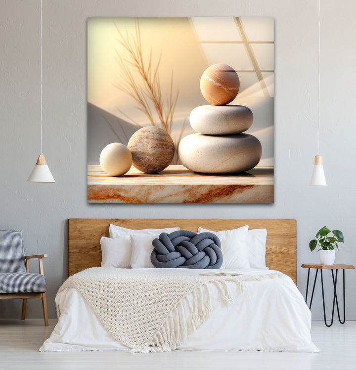 Zen Balance Glaswandkunst – Minimalistische Steinskulptur im Wüstenlicht 