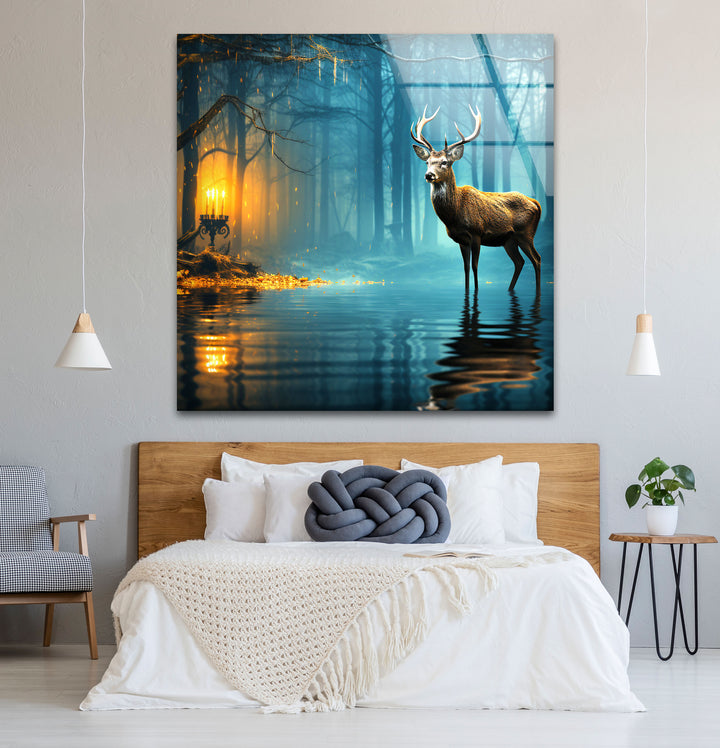 Mystische Wald Hirsch Wandkunst – Verzauberte Natur Glasdruck Dekor