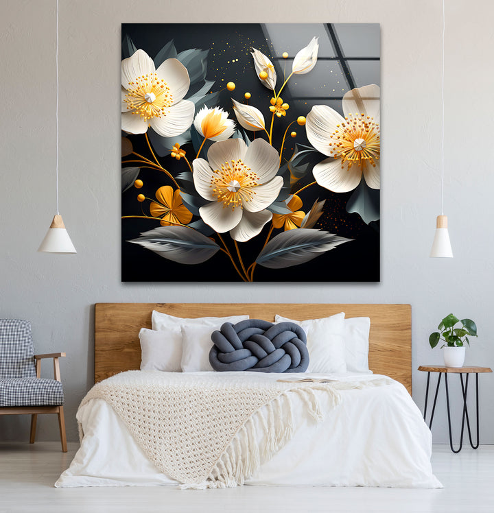 Elegant Bloom Glass Wall Art – White & Gold Floral Design