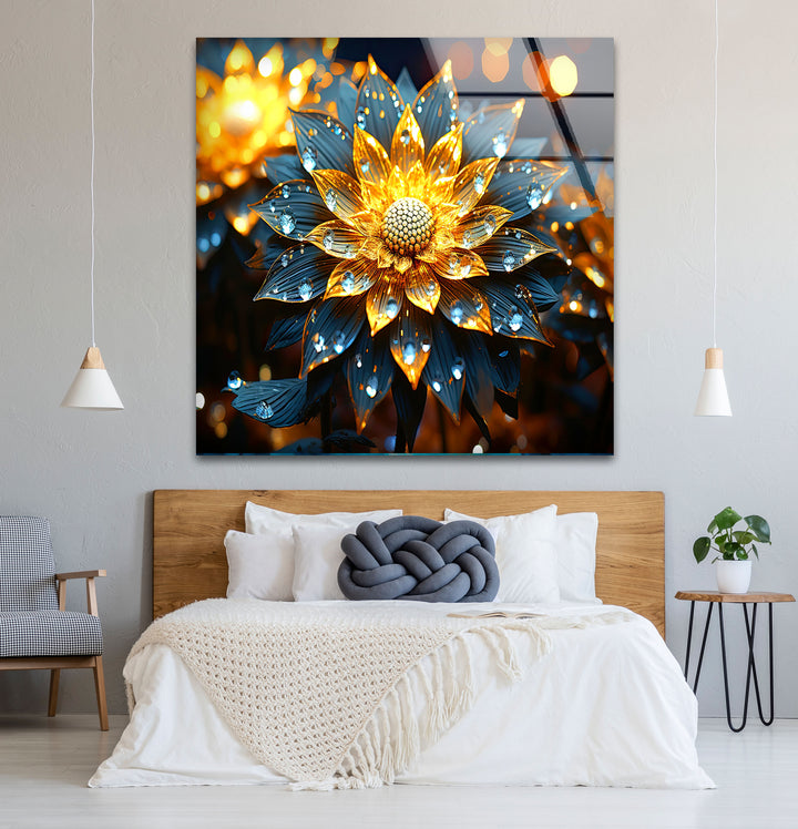Golden Glow Floral Wall Art – Illuminated Flower Glass Print Design