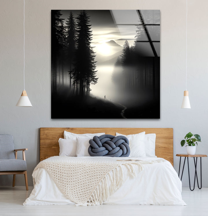 Foggy Forest Black and White Wall Art – Minimalist Glass Print Decor