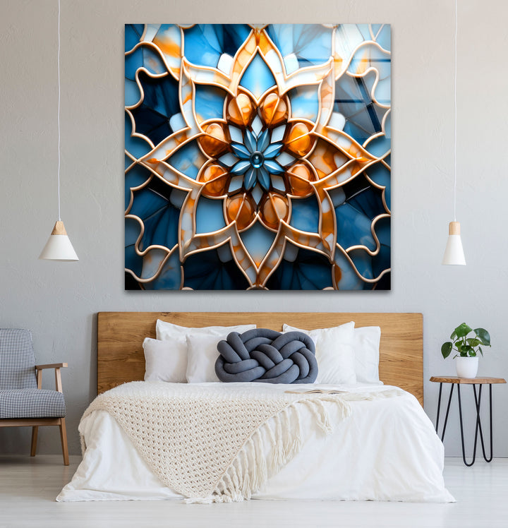 Blue & Amber Geometric Wall Art – Islamic Mandala Glass Print for Modern Interiors